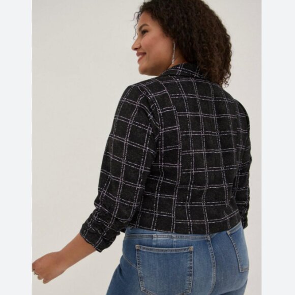 ๐ TORRID Rouched Sleeve Open Front Blazer Crepe Plaid Black Sz 3 | 3X - Picture 9 of 16